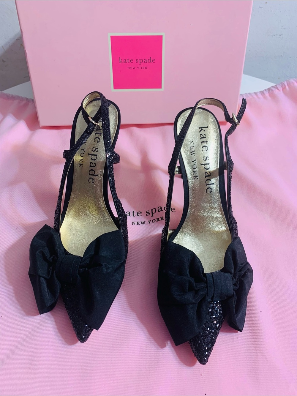 kate spade black glitter bow pointed slingback heels